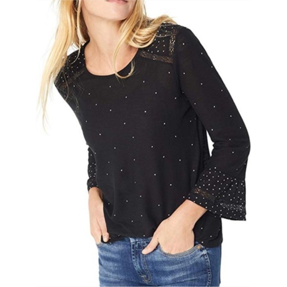 Lucky Brand Black Polka Dot Bell Sleeve Blouse with Lace Trim Small